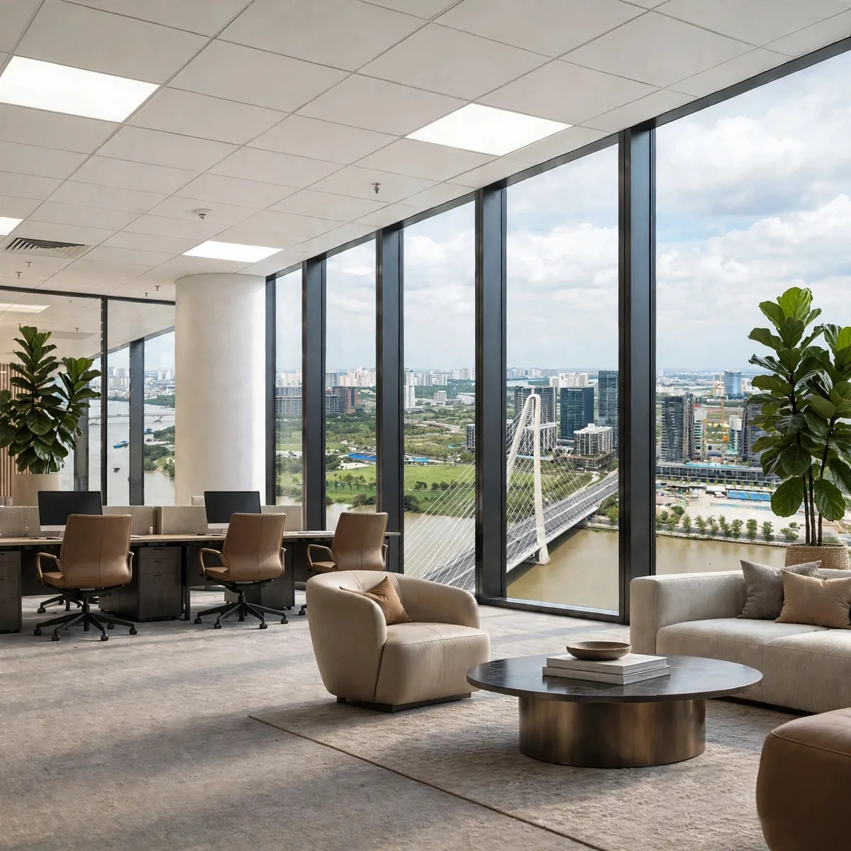 Grade A office lounge at The Kross overlooking the Saigon River and Ba Son Bridge