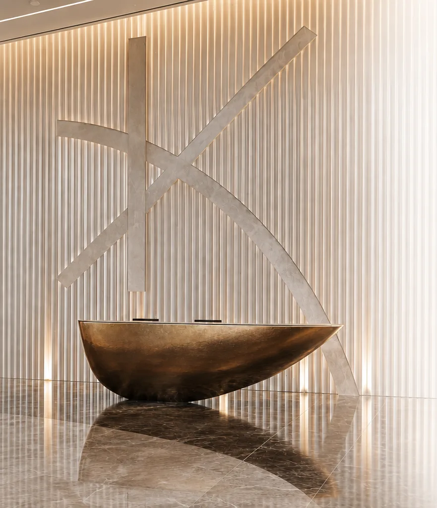 The Kross reception lobby with bronze reception desk and signature X wall art